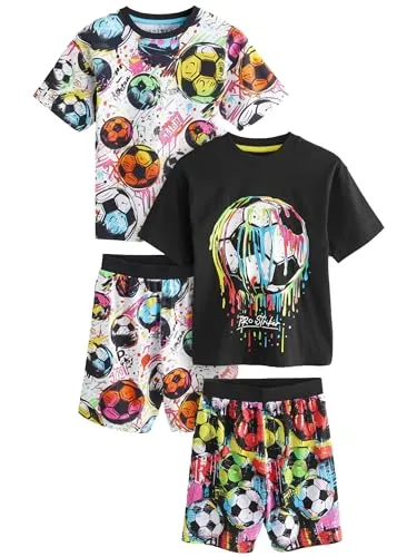NEXT Jungen 2er-Pack Kurze Schlafanzüge aus 100% Baumwolle Black/Multi Bright Football 146