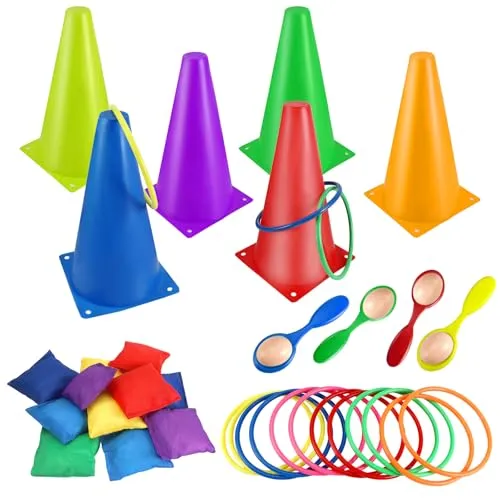 Williyatt Outdoor-Spiele-Set, 3-in-1, Karnevals-Spiele-Set, Ringwurfspiel, Sandsäcke Ausgewogener Eierlöffel, für Schule, Geburtstag, Party, drinnen, draußen