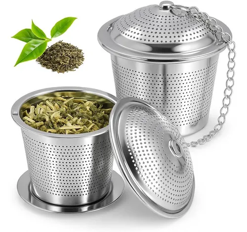 Geschenkehöhle Teesieb 2er Set Edelstahl – Feines Sieb für losen Tee, Tassen & Teekanne, Edelstahl, - Inklusive Abtropfschale & 11 cm Kette -