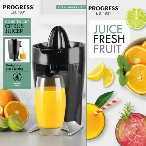 Progress Zitruspresse in Schwarz - 60 W Leistung, 2 Kegelaufsätze für kleine und große Früchte, einfache Reinigung und praktische Start-Stopp-Funktion