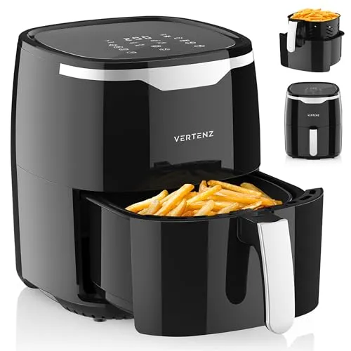 VERTENZ Taste 50 | Kompakte Heißluftfritteuse Airfryer XL 5 Liter Fassungsvermögen | 8 Automatische Menüs | 1400 W | LED-Touchscreen | Antihaft-Frittierkorb | Fettfrei Ohne Öl | 200°C | Schwarz