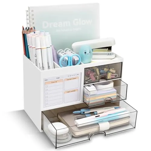 QIYVLOS Stift-Organizer mit 3 Schubladen, multifunktionaler Stifthalter für Schreibtisch, Schreibtisch-Organizer und Zubehör mit 5 Fächern + Schublade für Büro-Kunstbedarf (weiß)