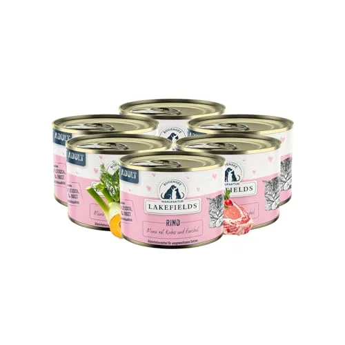 Lakefields Premium Nassfutter für Katzen | Rind 91% | Katzenfutter nass ohne Zucker und Getreide | 6 x 200g | Katzenminze, Kürbis & Fenchel | Hochwertige Rezeptur aus regionalen Zutaten