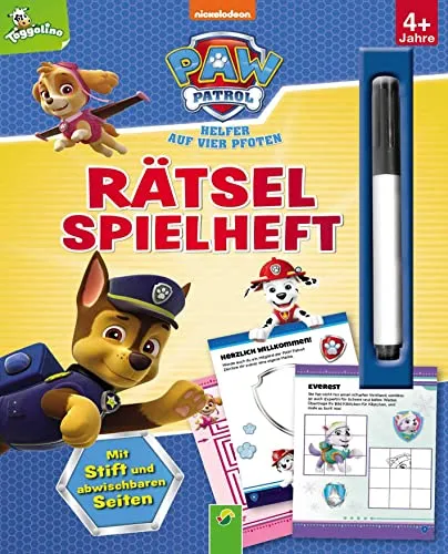 PAW Patrol Rätselspielheft mit Stift und abwischbaren Seiten: Erste Rätselaufgaben für Kinder ab 4 Jahren (Labyrinthe, Von Punkt zu Punkt, Zeichenschule) mit Chase, Marshall, Skye und Co. (Deutsche Version)