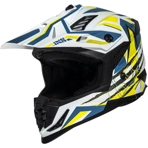 IXS Off-Road Helm XS iXS363 2.0 - Crosshelm in Weiß-Blau-Fluogelb - Motorradhelm für Offroad-Aktivitäten, leichtgewichtig mit optimaler Belüftung und inklusive Aufbewahrungstasche. Ideal für ATV, Quad und Motocross.