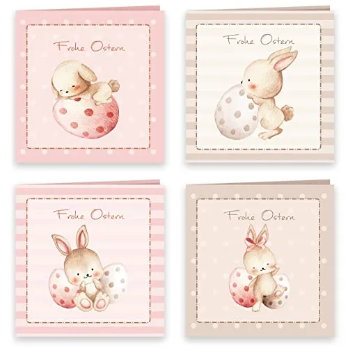 Osterkarten mit Umschlag Set 8 Stück aufklappbar XL 15x15 cm Frohe Ostern Grußkarten quadratisch 15x15 Klappkarten zarte Pastelltöne Hasen Happy Easter Oster Karten Kartenset Umschlag hochwertig