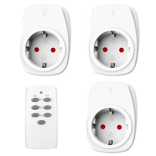 HBN 3X Funksteckdosen mit 1 Fernbedienung 16A/3.680W, Ferngesteuerte Stecker Set für Innen Weihnachtsdeko, Haushaltsgeräte, Reichweite 30m, Weiß