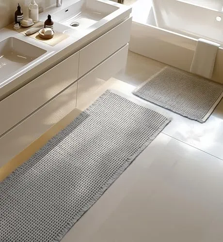 Großes Badteppich Set, Boho Badematte Grau, Badezimmerteppich Set 2 Teilig, Waschbar Badezimmermatte, Rutschfest Duschvorleger für Wohnzimmer Schlafzimmer Badezimmer Deko, 51 x 120 cm + 41 x 61 cm