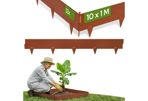 Arebos Cortenstahl Rasenkante 10m Set – Flexible Beet- und Rasenbegrenzung - Hochwertige Rasenkante aus robustem Cortenstahl, die eine dekorative Rostpatina bildet. Einfach zu montieren ohne Beton, ideal für kreative Gartenprojekte. Flexibel formbar für individuelle Designs.