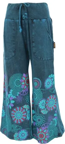 GURU SHOP Palazzohose - Bequeme Boho Baumwollhose mit Blüten Druck - Damen-Hosen: Weite, bequeme Palazzohose im Flower Power Design mit elastischem Bund und praktischen Hosentaschen für einen lässigen Look.