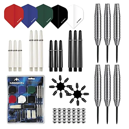 Mission Darts #_BX132 | 90-teiliges Dart-Set mit Stahlspitze, Zubehör-Set mit 24 g Messing-Barrels, 100-Mikron-Flights, Nylon-Schäften und Protektoren