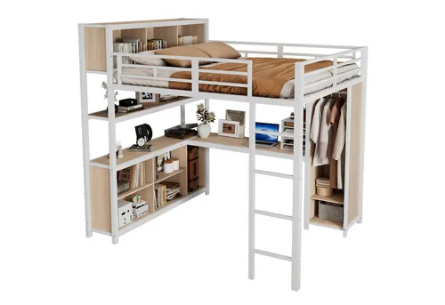 SOFTWEARY Hochbett mit Schreibtisch, Regal und Kleiderschrank (140x200 cm) Kinderbett mit Rausfallschutz und Leiter, Metallbett