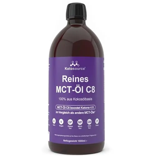 Reines MCT Öl C8 | 4X Ketone | 100% aus Kokosnuss - Präparate mit Essentiellen Fettsäuren & Ölen, bietet die höchste Reinheit von über 99% und unterstützt schnellere Ketone für optimale Energie bei Keto und Fasten.