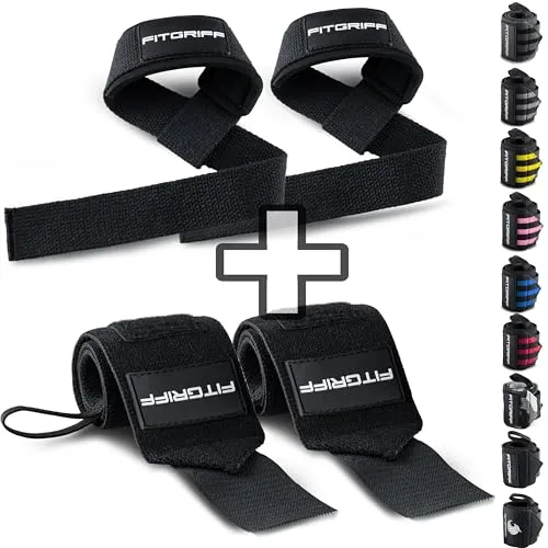 Fitgriff® Handgelenk Bandagen + Zughilfen (2er Set) - für Krafttraining, Fitness, Bodybuilding, Gewichtheben, Gym, Kraftsport - für Frauen und Männer (Black)