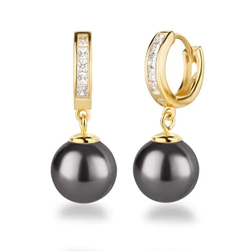 Schöner-SD 925 Silber vergoldet Creolen Ohrhänger mit 10mm Perle - Elegante Ohrringe aus 925 Silber, vergoldet mit 10mm dunkelgrauen Perlen und funkelnden Zirkonia, ideal für festliche Anlässe oder den Alltag. Perfekt als Geschenk!