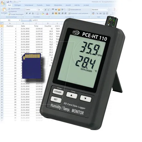 PCE Datenlogger HT110 - Präziser Temperatur- und Luftfeuchtigkeitsmesser - Temperaturmessgeräte mit SD-Karten-Schnittstelle für einfache Datenübertragung und großem LC-Display für klare Messwertanzeige. Ideal für präzise Überwachung.