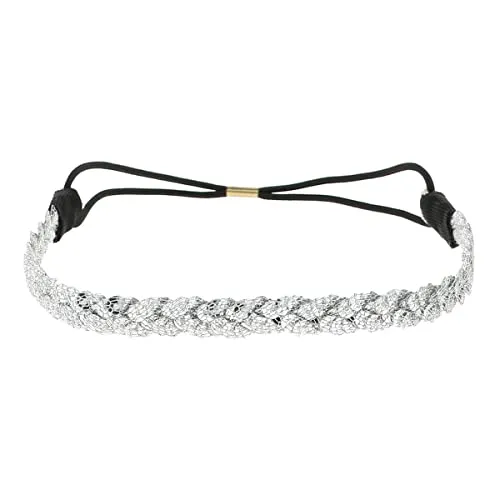 Silbernes Sequin Damen Haarband - Dünnes elastisches Hairband Einheitsgröße - Headband für die Hochzeitsfrisur oder Strass Pailletten Party - Glänzendes Stirnband Look Boho Hippie
