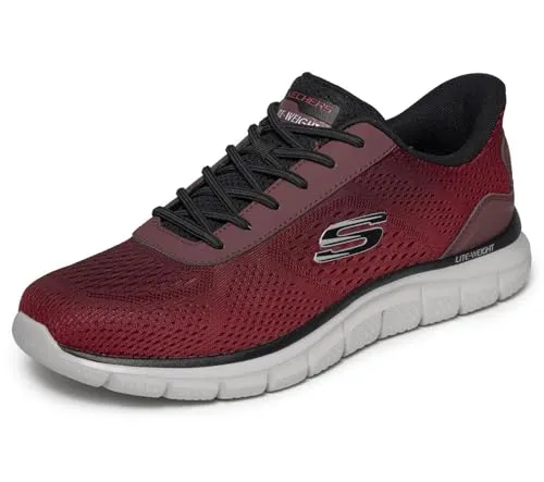 Skechers Track Revno Herren-Sneaker – Rot/Schwarz, Größe 44 - Bequeme Herren-Sneaker mit schnürlosem Slip-In-Design. Atmungsaktives Mesh-Obermaterial sorgt für optimale Belüftung. Memory-Schaum-Einlegesohle bietet ganztägigen Komfort. Strapazierfähige Gummi-Außensohle für Flexibilität und Griffigkeit.