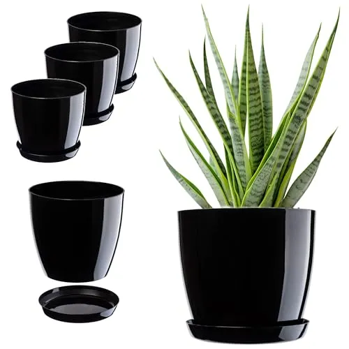 KADAX Blumentopf, Pflanzkübel-Set mit Untersetzer, Blumenkübel aus Kunststoff, runder Pflanztopf für Innenbereich, Übertopf für Blumen und Zimmerpflanzen, Kräutertopf (Set of 3 – 16cm, schwarz)