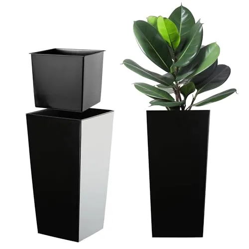 KADAX Pflanzkübel mit Innentopf, Höhe 57.5cm, Schwarz-glatt – Wetterfester Blumentopf für Innen & Außen, ideal für Garten, Balkon & Terrasse, zum Bepflanzen, Dekorieren und als stilvoller Übertopf