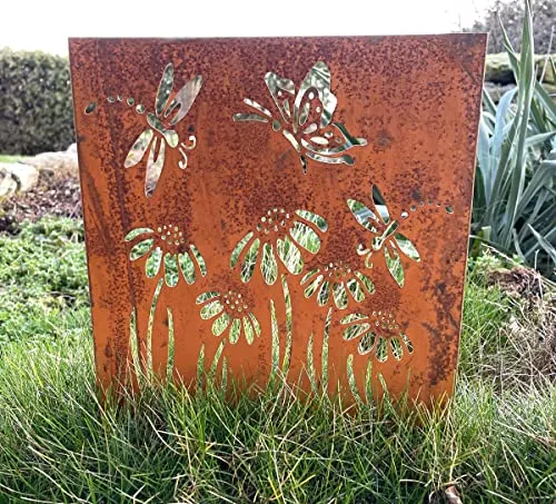LB H&F Rostsäule Roststele Rostschild Blumen 40cm Groß Rost Rostdeko Schmetterling Gartendeko zum hinstellen/draußen Wetterfest (Blumen)