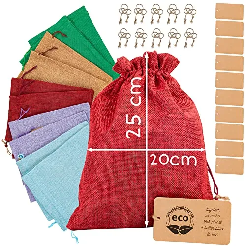 Große Jutesäckchen 10x 25x20cm Säckchen mit Kordelzug + Karten | Hochzeiten und Party Nachhaltig DIY Handwerk Tasche Mitbringsel | Mehrfarbig Stoffbeutel für Kindergeburtstage Weihnachte 190g/m2