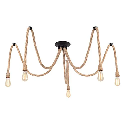 DIY Retro Hanfseil Industrie Kronleuchter - Hängeleuchte im Industriestil mit 5 E27 Fassungen, ideal für kreative DIY-Dekorationen in Küche, Wohnzimmer oder Bar. Langes Kabel von 150 cm für flexible Montage.
