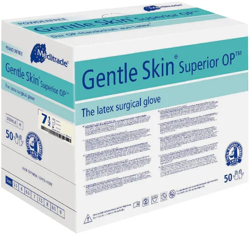 Meditrade OP-Handschuhe Gentle Skin Superior OP, Größe 7,5 - 50 Paar - Einmalhandschuhe für OPs, aus reinem Latex, bieten hohe Sicherheit und sensibles Tastempfinden für präzise Anwendungen.