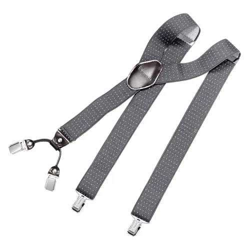 DonDon Hosenträger Herren extra stark gepunktet grau weiß 3,5 cm Hosenträger Herren breit mit brauem Leder in Y-Form lang - Starke Clips passend für Anzug Jeans Chinos Vintage Rockabilly Suspenders
