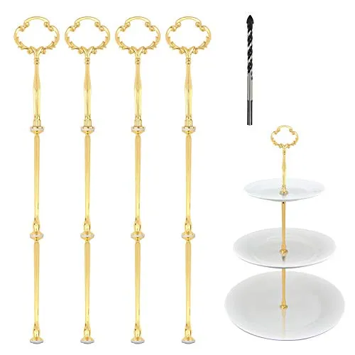 ZoomSky 4 Metallstangen Mittellochausstech Stabil Etagerenstangen Crown Motive 2 bis 3 Etage Etagenplatte mit Glasboher zum Lochen für Hochzeitstorte Tortenständer Buffet Torten Halter 21cm