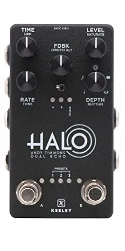Keeley HALO Andy Timmons Dual Echo - Signature Dual Delay Pedal - Effektgerät für Gitarre & Bass mit 2 separaten Delay Sektionen, 1500 ms max Delay Time und 8 Factory Presets für kreative Sounds. Ideal für Musiker, die den einzigartigen 'Halo'-Sound von Andy Timmons suchen.