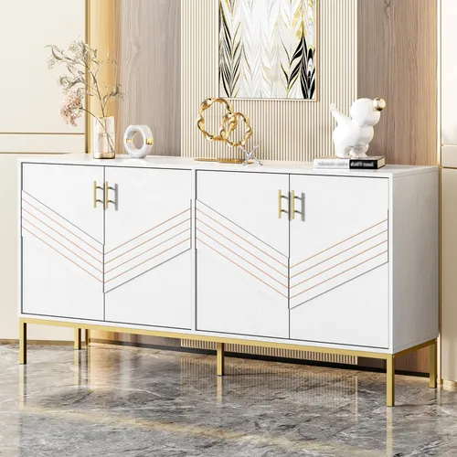 Merax Sideboard in Weiß & Gold, 160x40x80,5 cm, 4 Türen mit höhenverstellbaren Regalen
