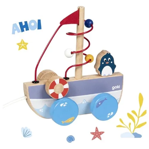 goki Ziehschiff Ahoi mit Motorikschleife aus Holz 54849 Nachziehfahrzeug