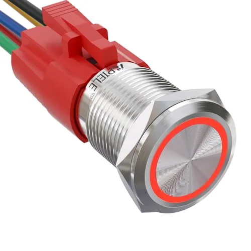APIELE 16MM Verriegelung Druckschalter 12VDC 5A, Edelstahl mit LED Ringbeleuchtung wasserdicht Latch Drucktastenschalter mit vorverdrahtetem Stecker, Auto RV LKW Boot EIN/AUS Taste Schalter (rot)