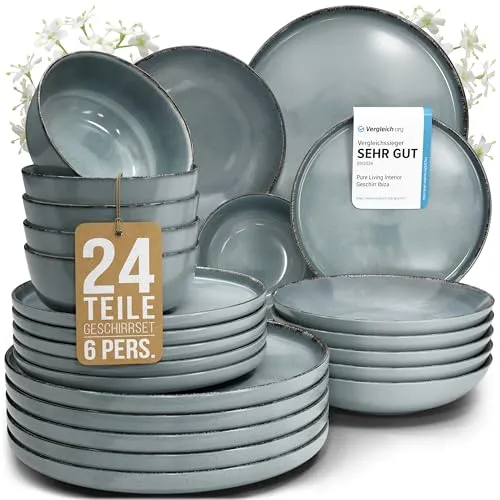 Steingut Geschirrset 6 Pers. Rustic 24-tlg - Hochwertiges Tafelservice - Tafelservice für 6 Personen im modernen Vintage-Look, pflegeleicht und spülmaschinenfest. Ideal für Alltag und besondere Anlässe!