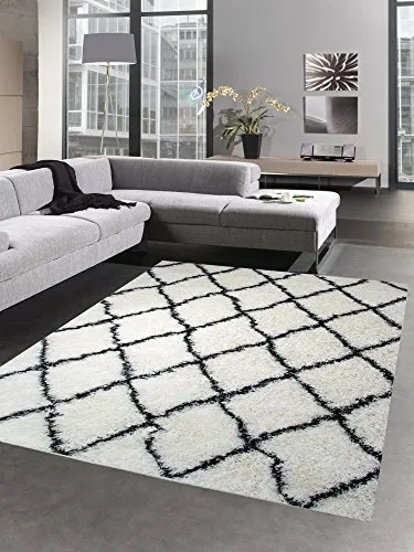 Carpetia Hochflor-Teppich Shaggy Teppich Rauten creme schwarz - Shaggy-Teppich mit 40 mm Florhöhe, strapazierfähig und ideal für Fußbodenheizung. Verleiht jedem Raum einen modernen Charakter und sorgt für Behaglichkeit.