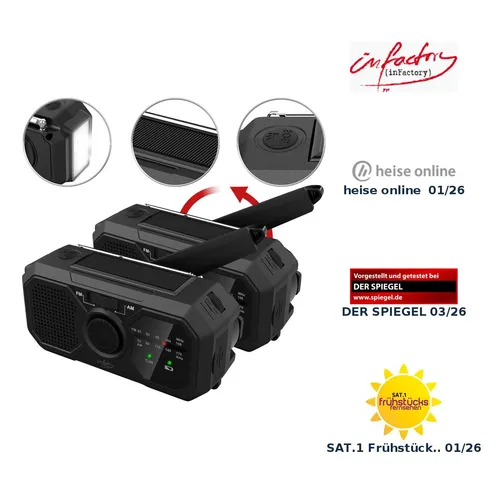 infactory 2er-Set Solar- & Dynamo-Kurbel-Radio, LED, SOS, Powerbank-Funktion
