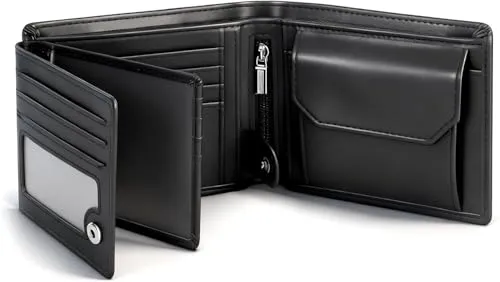 TEEHON Geldbörse Herren Slim Wallet RFID Blocking Mikrofaser Portmonee Herren mit 13 Kartenetui, Ausweisfenster, Geldscheinfächern, Reißverschlussfach, Geldscheinklammer, mit Geschenkbox - Schwarz