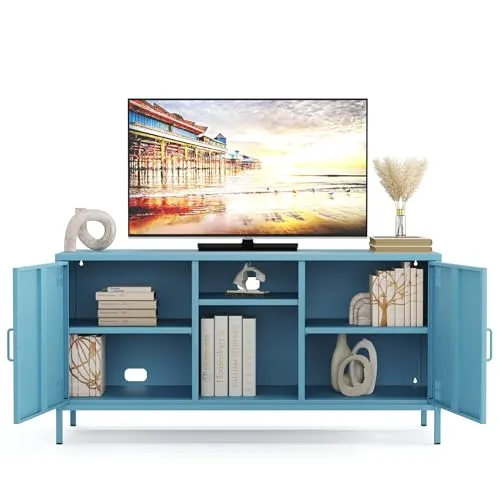 furni24 Metall TV-Schrank – Retro TV Lowboard – Möbel mit Türen und verstellbaren Ablagen – Leicht zu reinigen – Robuste und stilvolle Aufbewahrungslösung für das Wohnzimmer- mit 3 Regalen, Blau