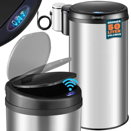 Monzana Mülleimer 109762, Sensor, 50L, Edelstahl - Eleganter 50L Edelstahl Mülleimer mit intelligentem Sensor und Soft-Close-Deckel. Ideal für Küche und Büro, geruchsdicht und mit LED-Anzeige.