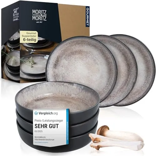 Moritz & Moritz VIDA 6er Suppenteller Set Beige - Tafelservice: 6-teiliges Suppenteller-Set aus hochwertigem Porzellan, spülmaschinen- und mikrowellengeeignet, ideal für stilvolle Mahlzeiten.
