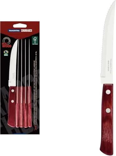 Tramontina Steakmesser Set 6-teilig - Küchenmessersets mit 6 hochwertigen Steak- und Pizzamessern aus rostfreiem Edelstahl und rotem Holzgriff – ideal für Grill und Pizza!