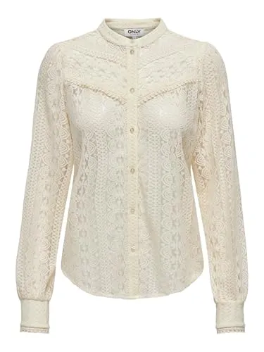 ONLY ONLREBA LACE L/S SHIRT WVN NOOS - Spitzenbluse für Damen - Modische Spitzenbluse in Beige (Egret) für Frauen. Mit romantischer Spitze und Knopfleiste, ideal für festliche Anlässe. Pflegeleicht und elastisch für optimalen Tragekomfort.