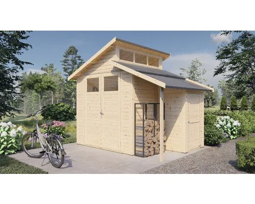 Gerätehaus Konsta Studio Set 2 mit Fußboden 328 x 240 cm - Gartenhaus mit Pultdach aus hochwertigem Holz, ideal für die Aufbewahrung von Gartenutensilien und als kreativer Rückzugsort im Garten.