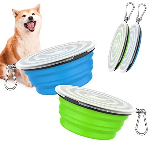 Pawaboo Faltbar Hundenapf, 2 Stück 1000 ml Hund Reisenäpfe Tragbar Silikon Auslaufsicher Trinknapf Fressnapf mit Deckel und Karabiner für Hunde Katzen Spaziergänge Unterwegs - Blau + Grün