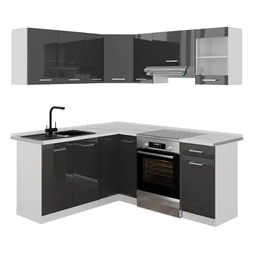 Vicco Winkelküche Rick, Anthrazit Hochglanz/Weiß, 190 x 60 cm - Praktische L-förmige Eckküche mit flexibler Konfiguration und viel Stauraum. Höhenverstellbare Füße sorgen für perfekte Anpassung, ideal für jeden Raum.