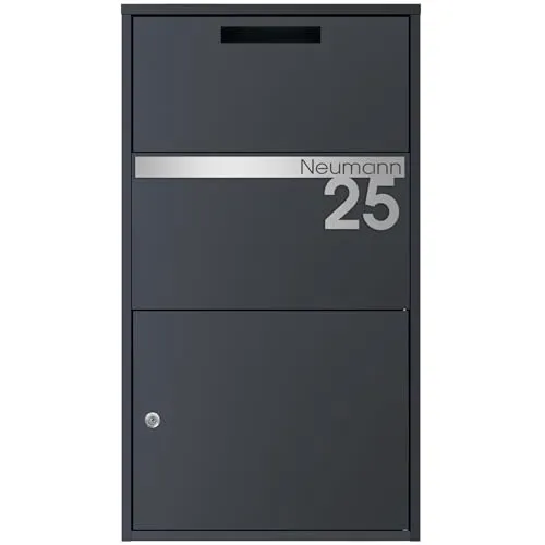MOCAVI Paketbox 56 - Großer Paketkasten anthrazit/Edelstahl | Paketannahmebox personalisiert | Sichere Paketannahme mit Schloss | Wetterfeste Paketstation RAL 7016 | Ideal für Moderne Wohnstile
