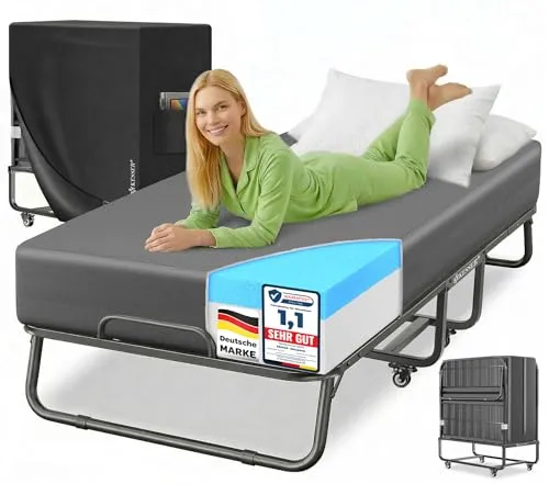 KESSER Klappbett 200x90cm - Faltbares Reisebett für Erwachsene - Mobiles Bett mit Metallrahmen, belastbar bis 250kg, inkl. Memory-Schaum-Matratze und abnehmbarem Bezug - ideal für Gäste und Reisen.