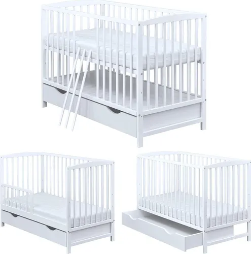 Baby-Delux Babybett Gitterbett Milo 120x60 mit Schublade - Gitterbett aus massivem Kiefernholz in Weiß, höhenverstellbarer Lattenrost und wandelbar dank Schutzgitter – ideal für die ersten Lebensjahre Ihres Kindes.