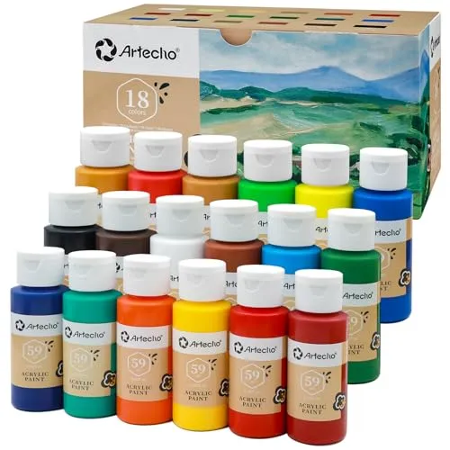 Artecho Acrylfarben Set 18x59 ml, Acrylic Paint Set, Wasserfest und Lichtecht, Schnell Trocknend, ideal für Leinwand, Papier und Stoffe.